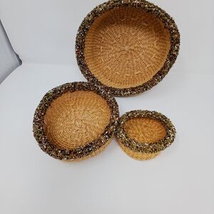 Set of Woven Baskets with Beaded Trim